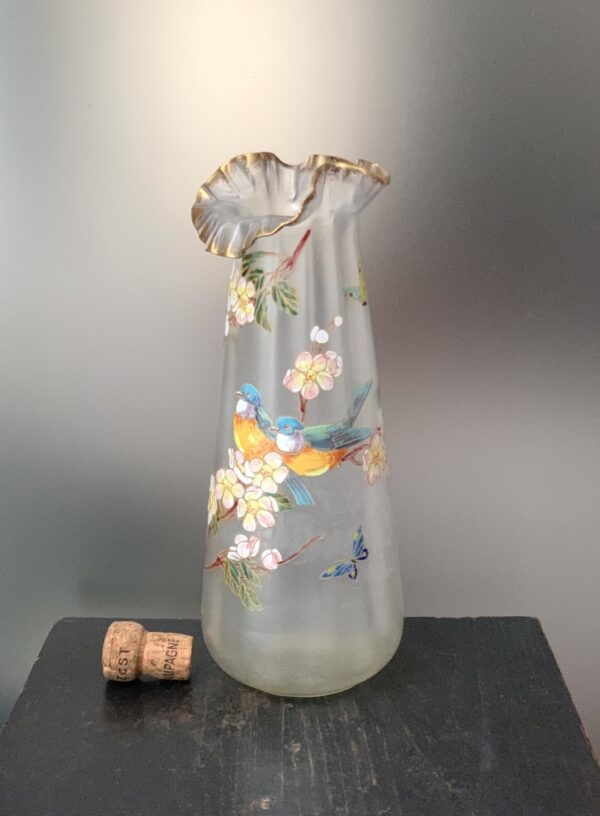 Superbe vase Legras aux Mésanges, Papillons et Pommier en Fleurs Ref L289